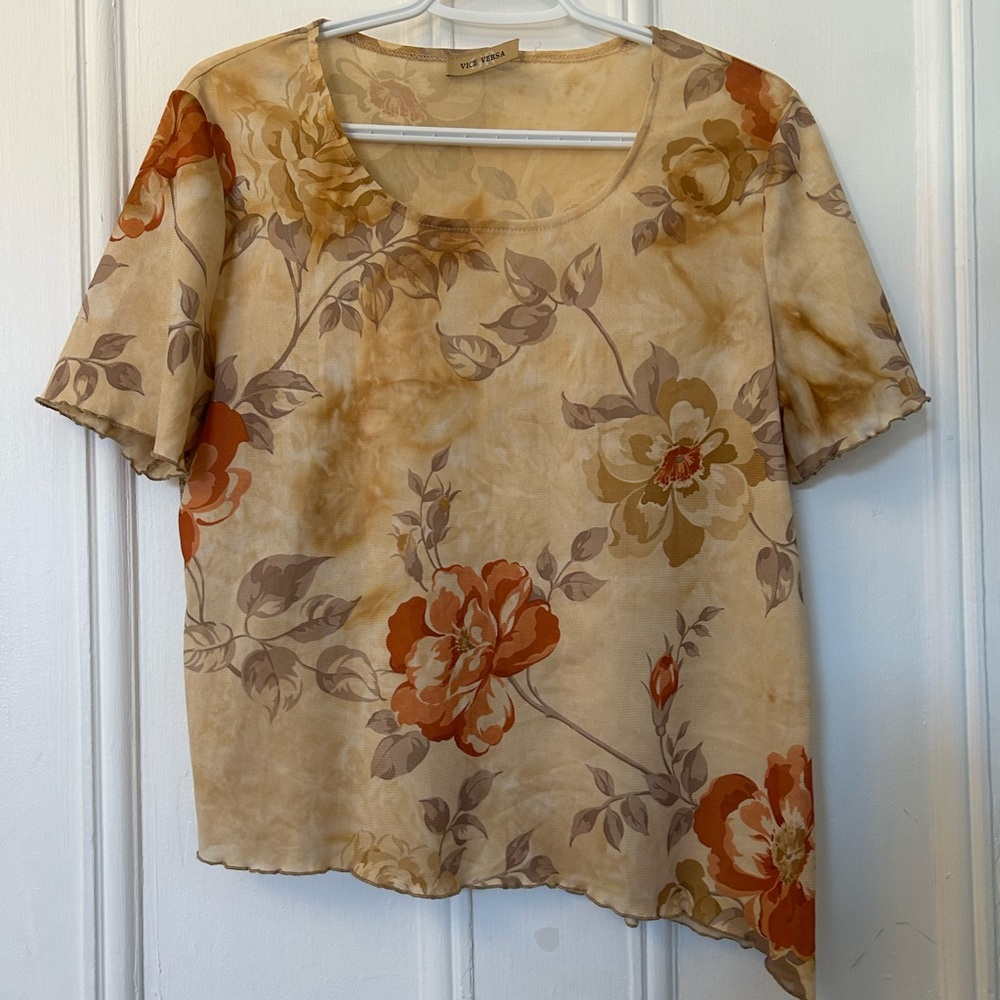 Vintage Floral Women’s Mesh Top in Orange and Cream